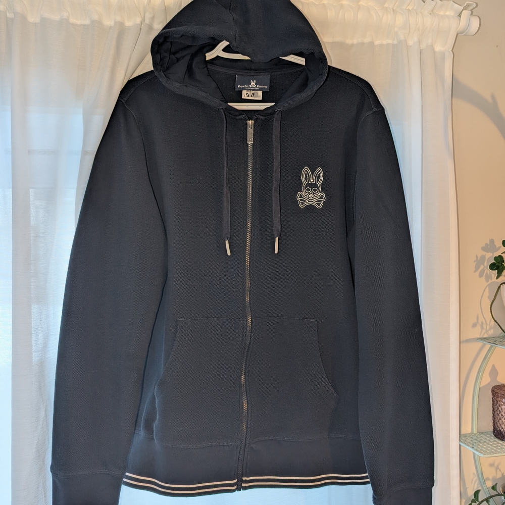 Black Zip-Up Hoodie with Embroidered Bunny